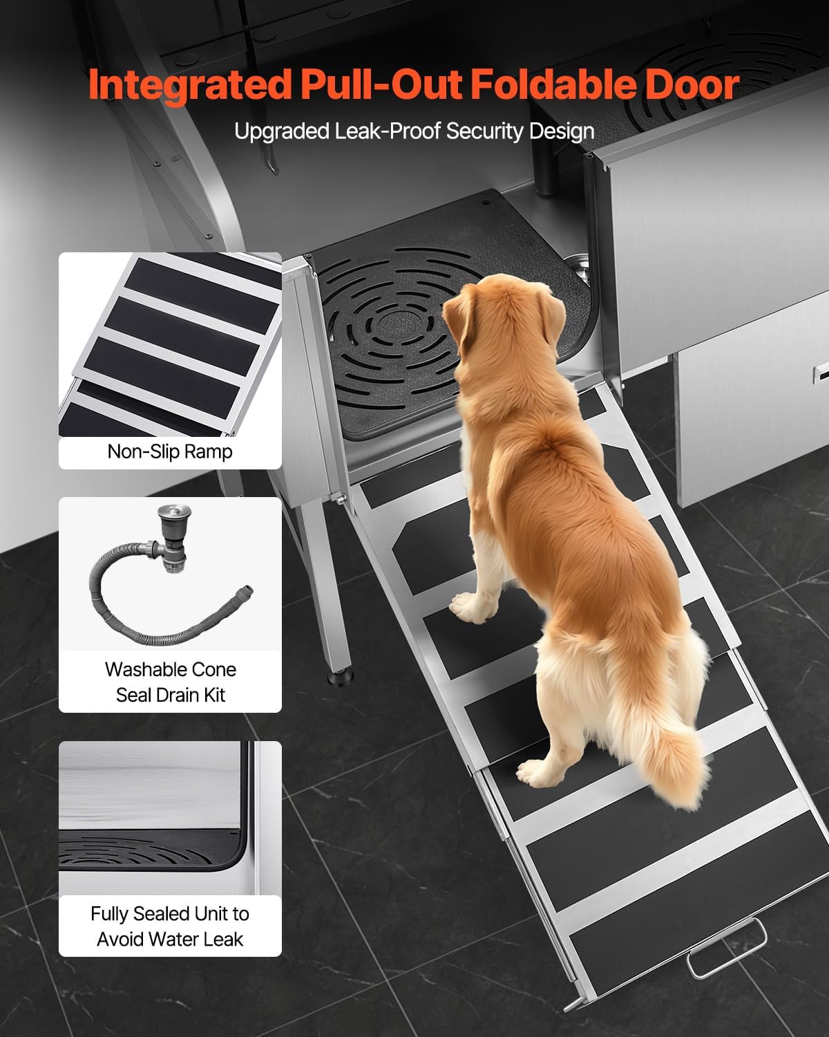 VEVOR Professional 304 Stainless Steel Dog Bathing Station, 61 inch Pet Grooming Tub w/Anti-Slip ramp, Storage Drawer, Cold Hot Faucet Showerhead, for Large & Medium & Small (Left Door, with Drawer)