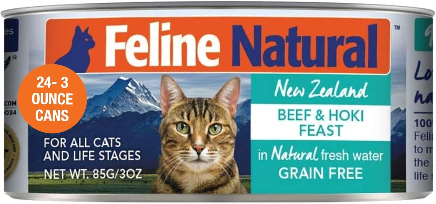 Feline Natural New Zealand Canned Catfood Wet Food, High-Meat, Low-Carb, & Grain Free Cat Food Wet, Beef & Hoki Feast, 3 oz, Pack of 24