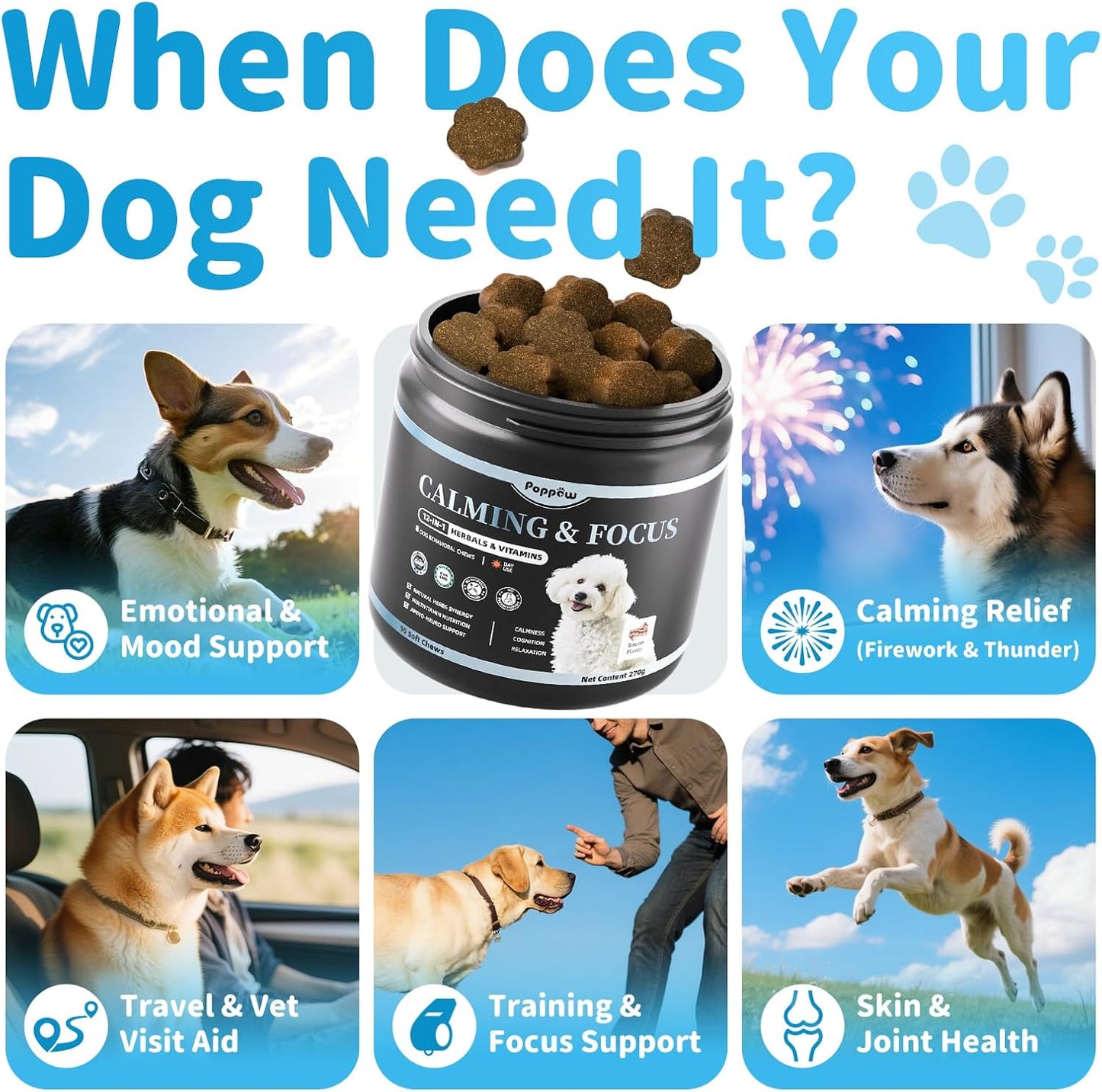 Calming Chews for Dogs – Calming Treats for Anxiety, Stress, Separation, Travel&Thunder, Relaxation & Focus Support with L-Theanine, Valerian Root, Chamomile & Ashwagandha, Bacon Flavor, 90Ct