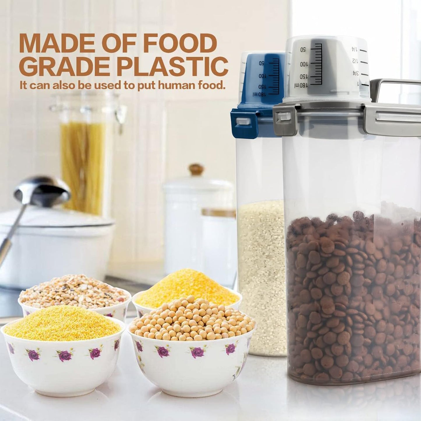 Upgraded Dog Food Storage Container Small, Cat Food Container Airtight, Pet Food Container Dispenser with Pour Spout, Measuring Cup and 4 Seal Buckles for Dogs, Cats, Birds (Grey)