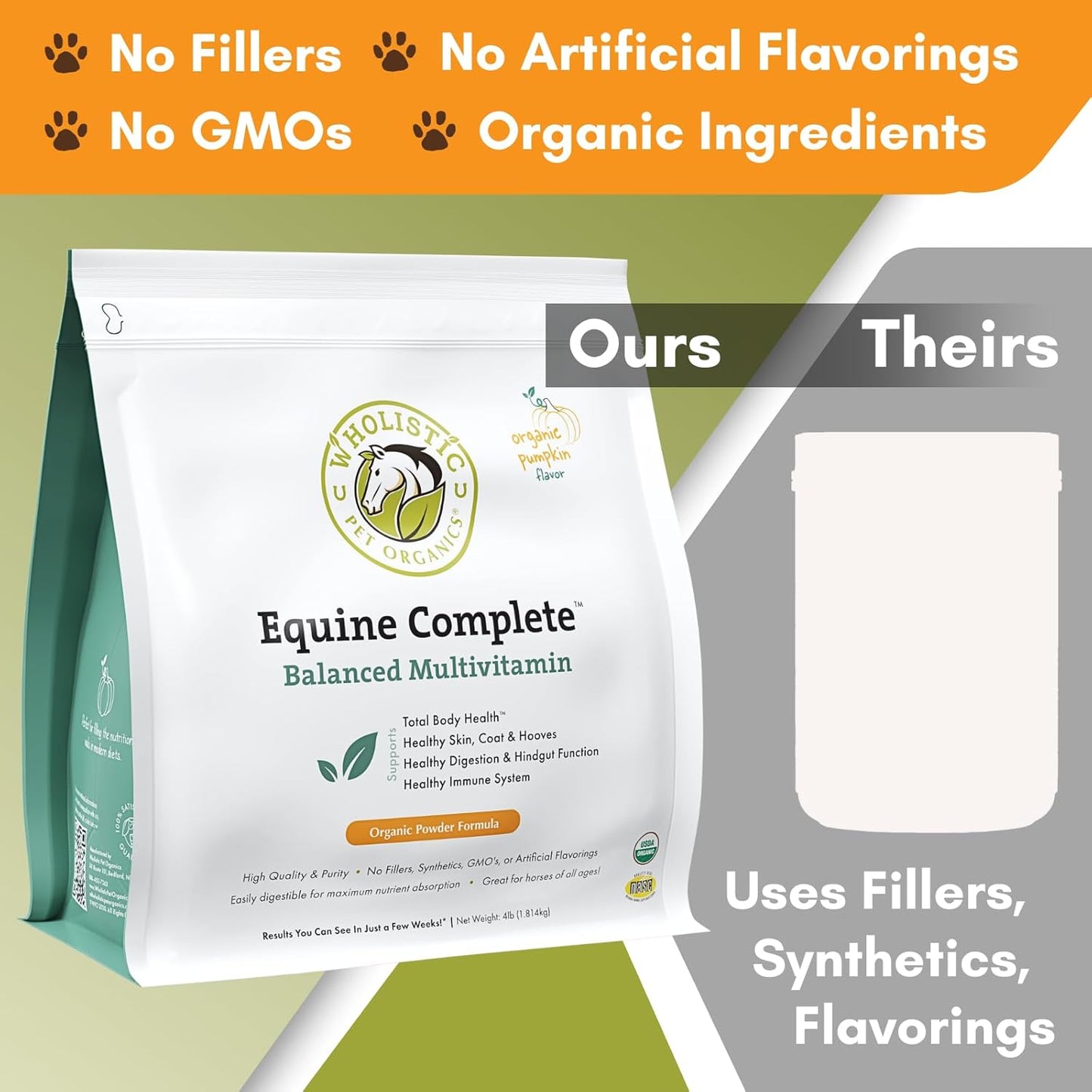 Wholistic Pet Organics Equine Complete: Horse Multivitamin for Total Body Health - Horse Supplement with Vitamins, Minerals, Prebiotics, Probiotics - Organic Pumpkin Flavor - 4 Lb