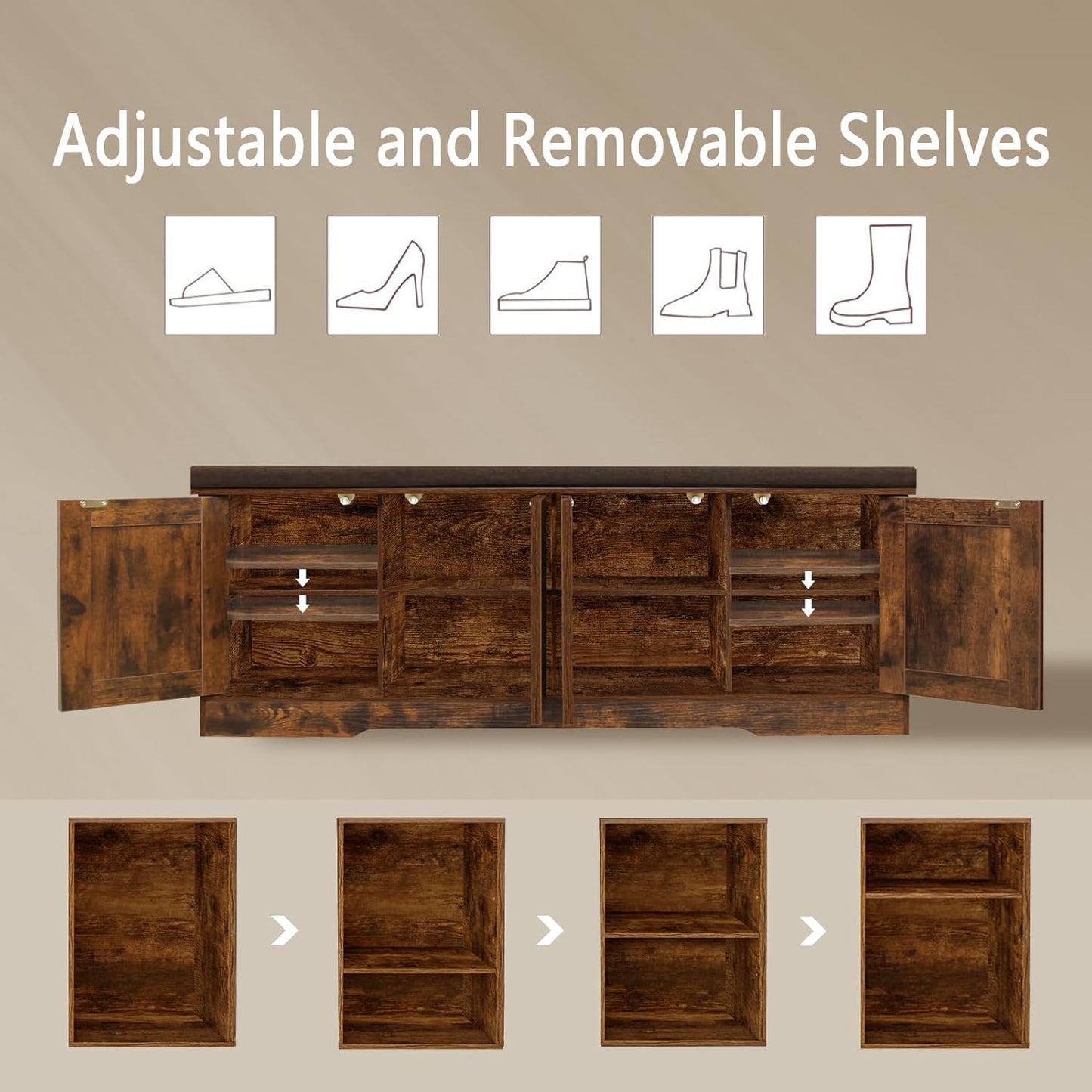 DINZI LVJ Shoe Bench, Entryway Storage Bench with Doors, Cushion, 2-Tier Shoe Rack with 8-Cubby, 47.2”L x 13.8”W Shoe Organizer Cabinet, Adjustable Shelf, Living Room, Bedroom, Rustic Brown