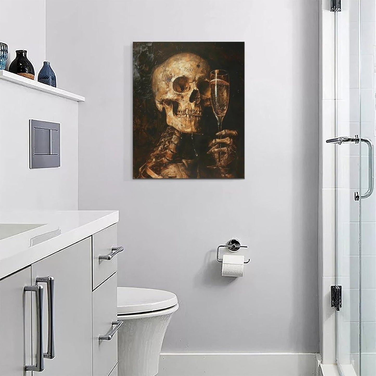 Quorin Gothic Skeleton Wall Art Goth Skull Champagne Wall Decor Dark Academia Pictures Horror Canvas Print Painting Artwork for Bathroom Living Room Bedroom 16"x20"