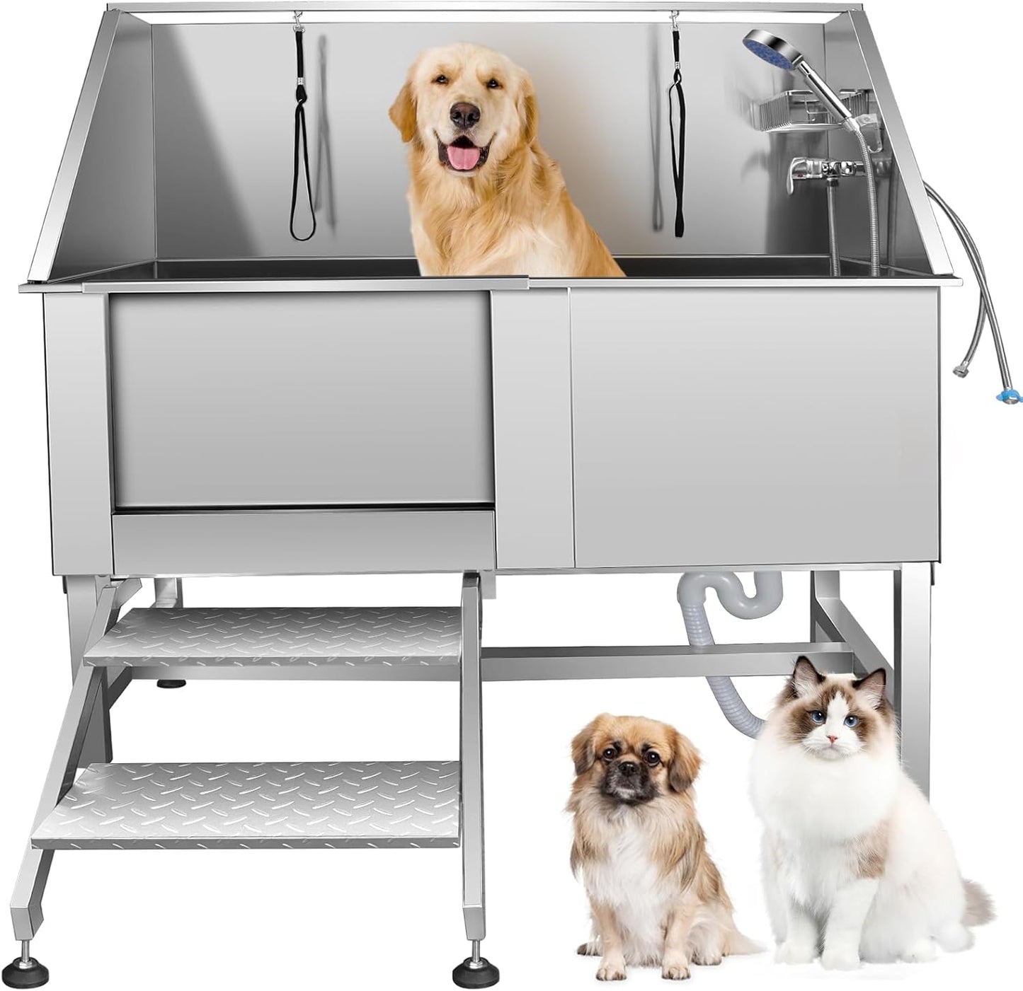 Dog Bathtub XL Professional 62inch Dog Washing Station Stainless Steel Pet Grooming Tub for Extra Large Dogs Wash Tub, Medium, Small Dogs Cats with Left Sliding Doors, Steps, Right Faucets