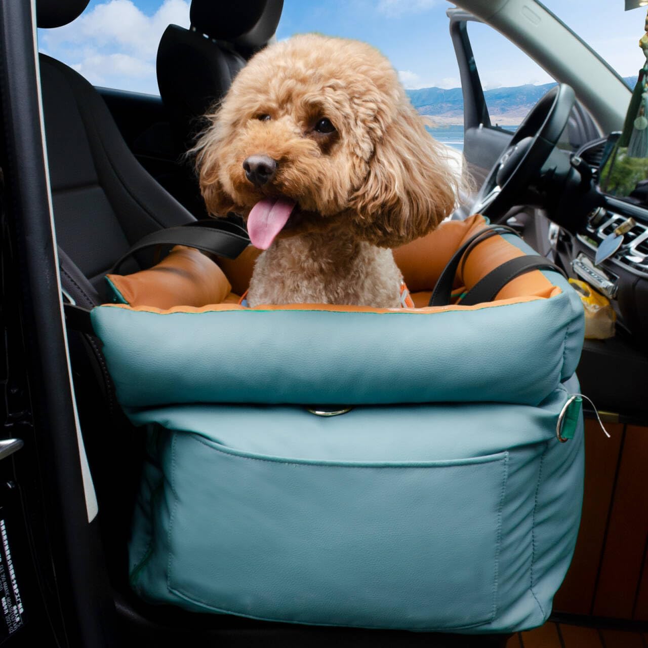 Dog Car Seat for Small Dogs, Large Leather Dog Car Bed with Storage Pocket, Waterproof PVC Leather Booster Seat Travel Bed for Front & Back Seat, Clip-On Safety Leash (Blue/Brown)