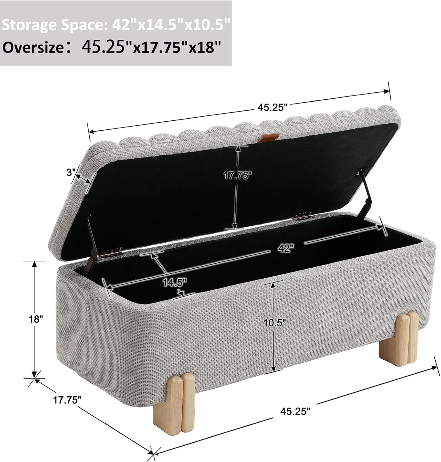 Kmax 45" Storage Bench Velvet Entryway Bench Upholstered Ottoman Bench with Wavy Top & Safty Hinge for Bedroom Living Room Hallway, Grey