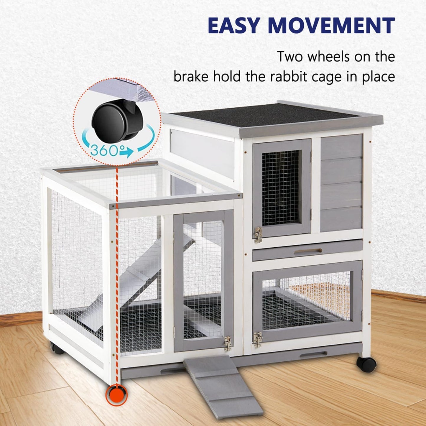 Rabbit Hutch, Indoor Rabbit Cage Two Story Bunny Hutch with Wheels Guinea Pig Cages with Removable No Leaking Tray, Ramp, Outdoor Pet House for Small Animals