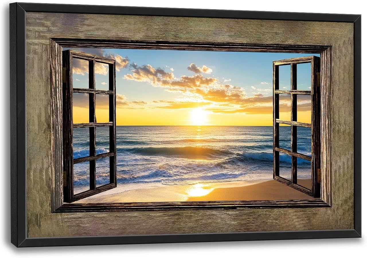 Beach Large Wall Art Sea Coastal Pictures Rustic Window Sunrise Wall Decor Canvas Print Painting Artwork for Bathroom Living Room Bedroom 36L" x 24W"