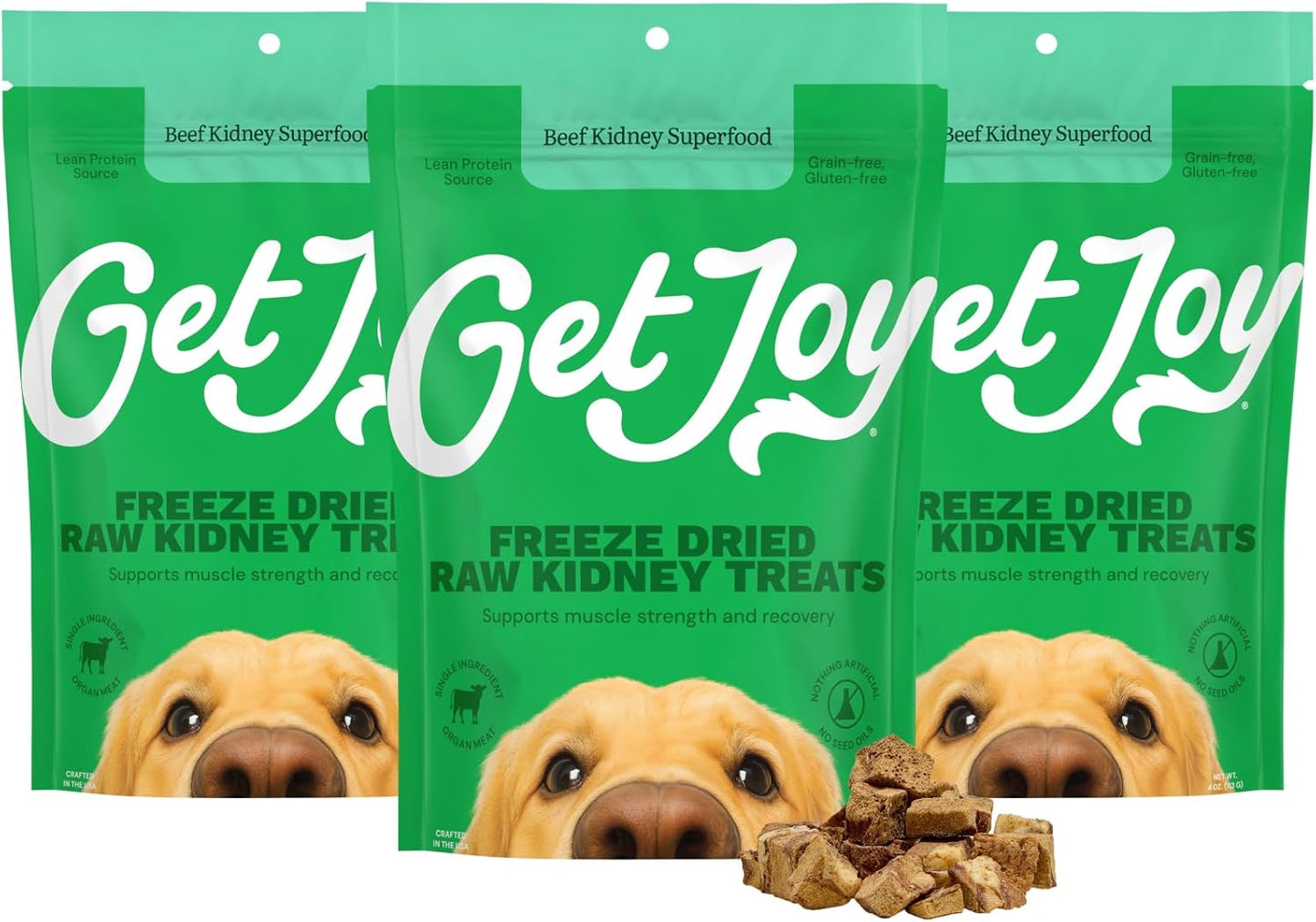 Get Joy Freeze Dried Superfood 100% Beef Kidney Dog Treats, 4 Ounce Bag (Pack of 3), Single Ingredient Organ Meat, High Protein, Immune Health, Muscle Repair, Grain Free, Gluten Free, Made in USA