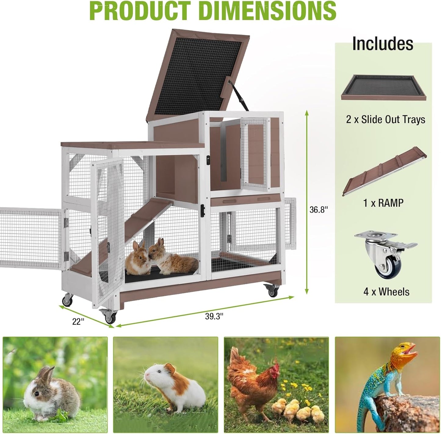 Gutinneen 2-Story Rabbit Hutch with Chew-Proof Ramp & Leak-Proof Trays - Indoor/Outdoor 39.3" Wooden Rabbit Cage with Wheels for Rabbits, Guinea Pigs