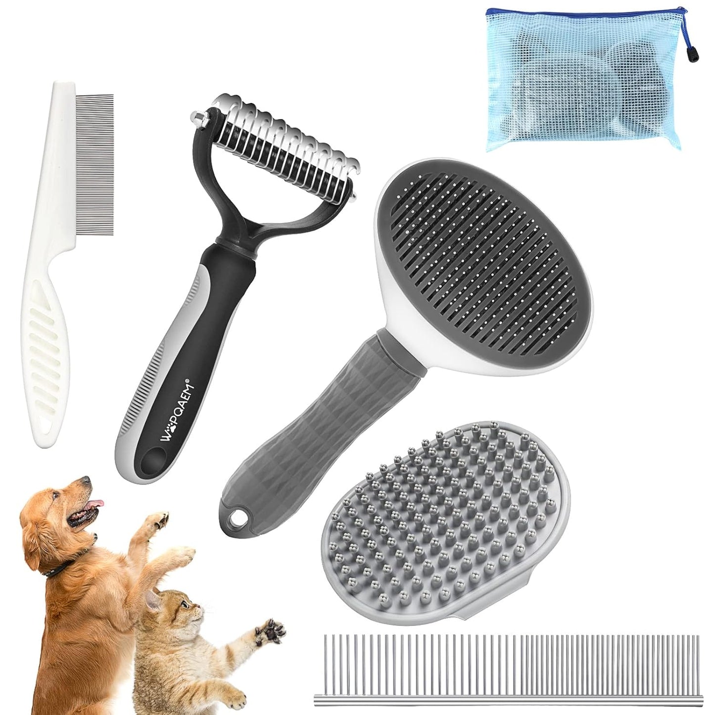 5 in 1 Dog Grooming Kit - Self-Cleaning Slicker Brush for Shedding Short Long Haired Dogs & Cats, Includes Pet Comb, Flea Comb, Bath Brush, Undercoat Rake - Complete Fur Care Set - Gray