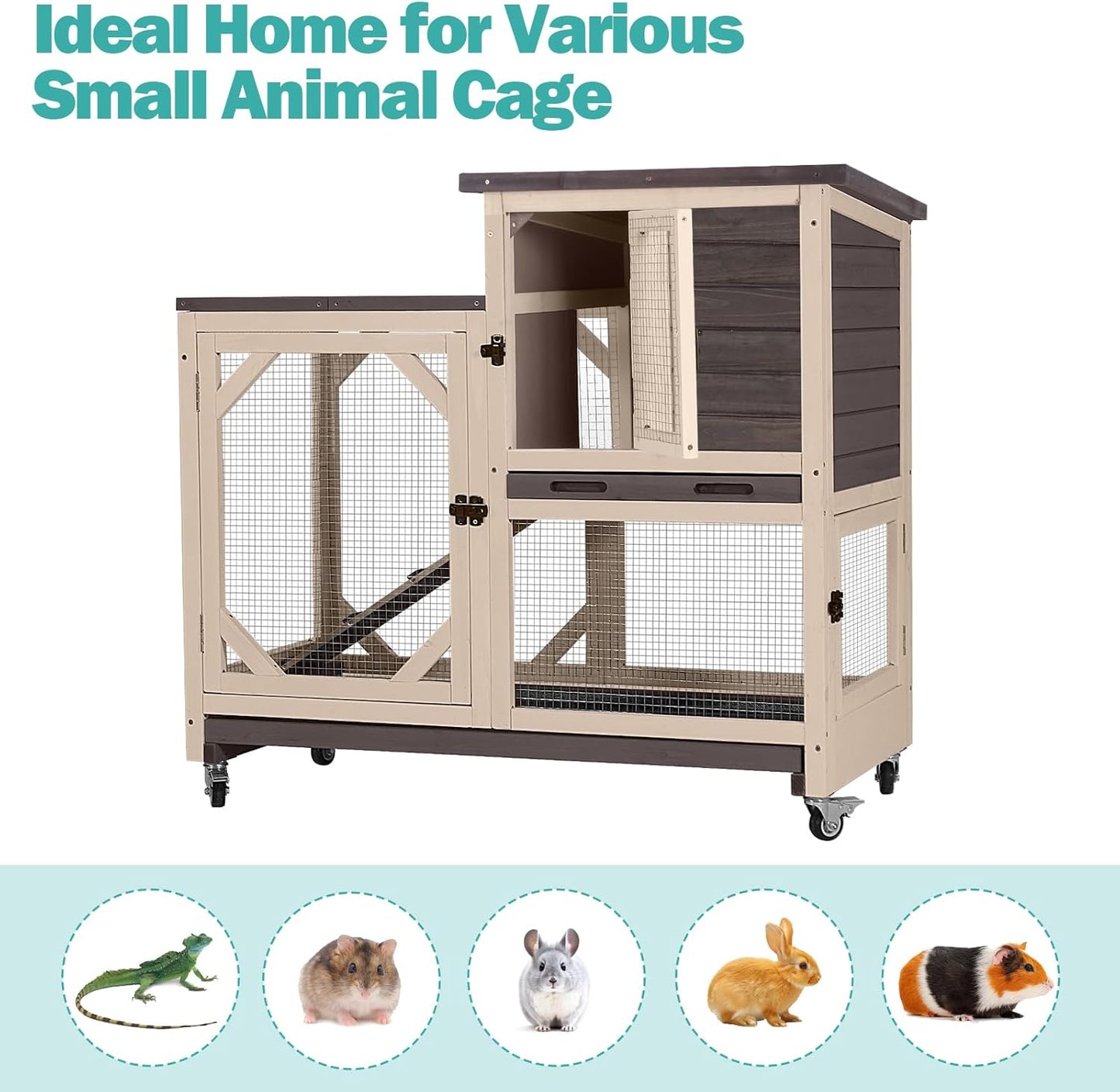 Rabbit Hutch Indoor for 2-4 Rabbits & Guinea Pigs，Bunny Cage with Slide-Out Plastic Trays，Wooden Small Animal Cage for Rabbits, Bunnies, and Guinea Pigs (Dark Brown)
