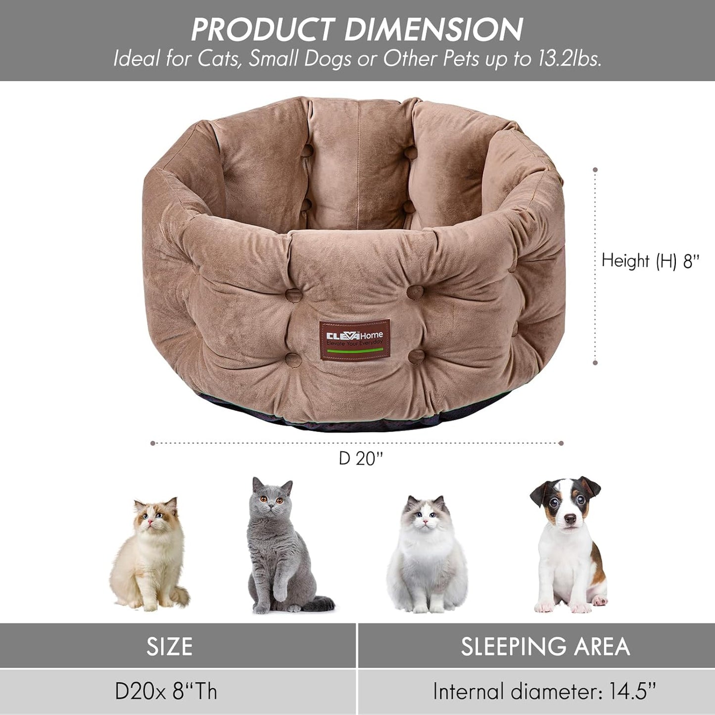 ClevaHome Deep Nest Cat Bed for Small Pets up to 15lbs - Round Cat Beds for Indoor Cats, Luxurious Velvet Feel, Extra High Sides, Machine Washable Comfort Pet Bed with Non-Slip Bottom (Warm Beige)
