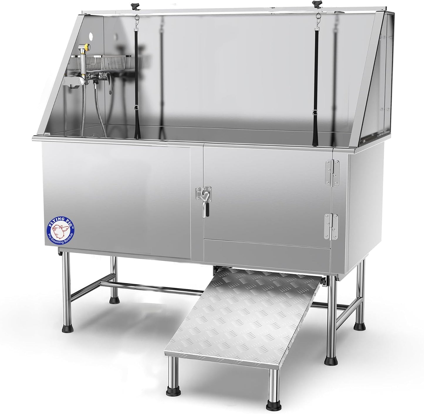Flying Pig Grooming 62" Stainless Steel Pet Dog Bath Tub with Faucet (Right door/Left Drain), 62 x 27 x 58"