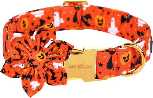 Unique style paws Halloween Dog Collar with Flower Tie Cotton Adjustable Puppy Collar for Small Medium Large Dogs-M