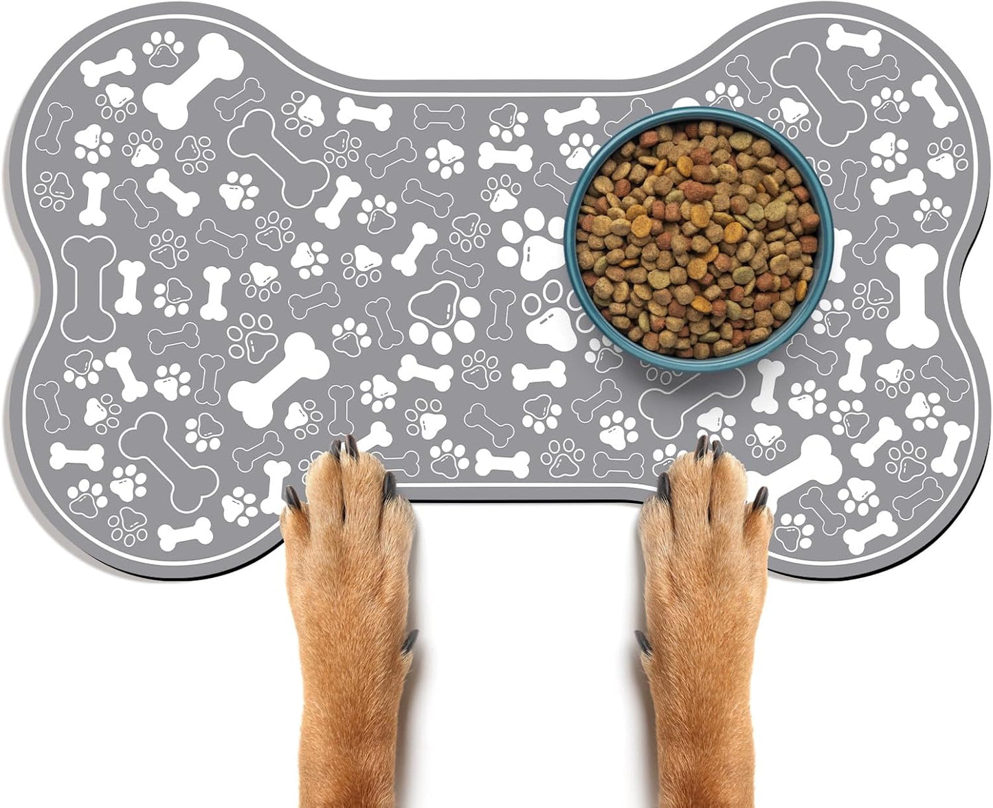 Dog & Cat Food Mat Bone Shaped Pet Feeding Mat Quick Absorb Water Bowl Placemat with Rubber Backing Indoor Floor Stain Resistant Pet Accessory Supplies (Grey, 17x29 Inches)