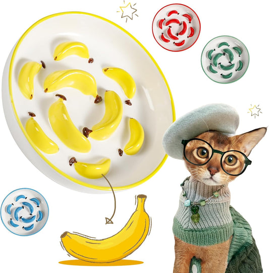 Ceramic Cat Slow Feeder Bowl - Vibrant Cat Feeding Bowl - Cute Maze Food Dish for Slow Eating - Dishwasher Safe - 6.3''W x 1.2''H - 7 OZ - Yellow