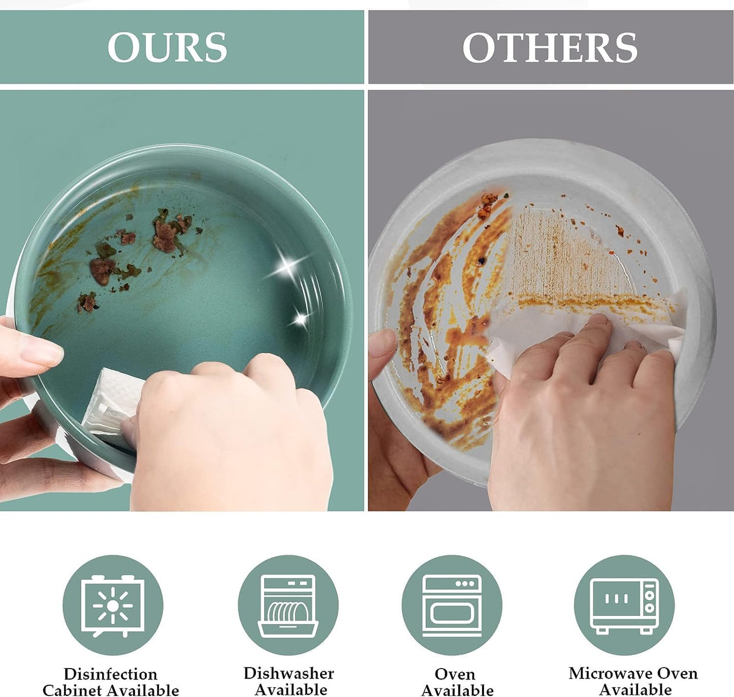 SPUNKYJUNKY Ceramic Dog and Cat Bowl Set with Wooden Stand, Modern Cute Weighted Food Water Set for Small Size Dogs (13.5OZ) & Medium Sized Dogs (28.7OZ) & Cats (1.7 Cups, 2 × Morandi Green)