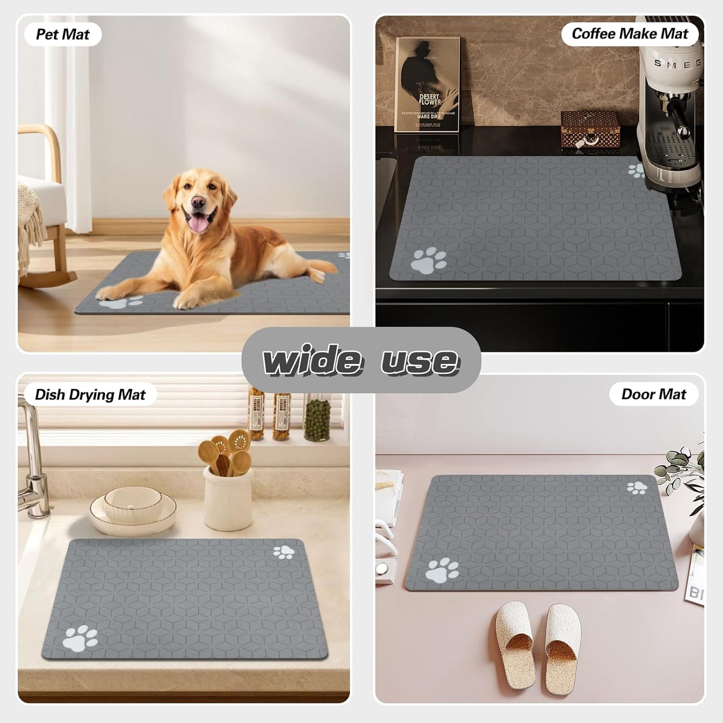 Le courant Cat & Dog Feeding Mat for Bowl,Pet Eating mat,Absorbent-Non-Slip.Quick Dry Dog Water Bowl Dispenser Mat,Backing Pet Placemat for Messy Drinkers,Grey.Dog Paw-15.7x23.6 in