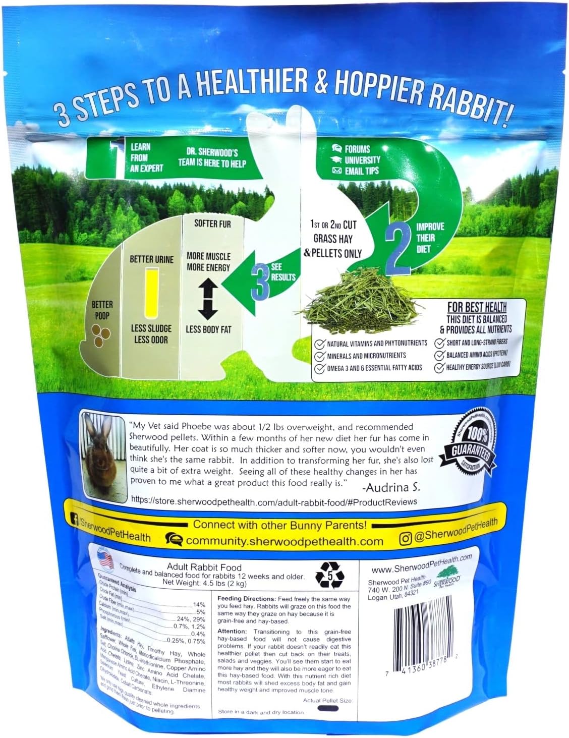 Sherwood Pet Health Adult Rabbit Food Alfalfa Timothy Hay-Based Blend 4.5 lbs, Grain and Soy-Free for Better Digestion