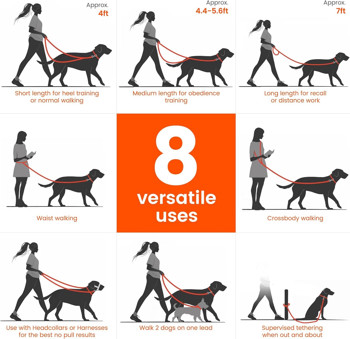 HOWGO 8-in-1 Multifunctional Hands Free Dog Training Leash with Padded Handle, 8.5 FT Nylon Adjustable Length, Lightweight Aviation Aluminum, Crossbody Waist Leash for Puppy Medium Large Dogs (Red)