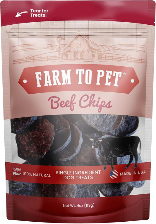 Farm To Pet - Dog Training Treats - 4 oz Beef Chips, Single Ingredient, Lean, All Natural, Healthy Treats for Small, Medium, Large Dog Breeds, & Puppies, Made in USA