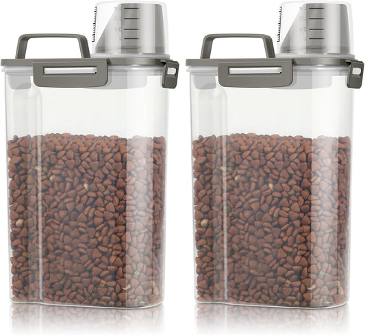 TBMax Small Dog Cat Food Storage Containers 2 Pack, Travel-Friendly Pet Food Container with Spout & Measuring Cup, Kid-Friendly Pet Feeding Dispenser, Portable Dog Treat Bird Seed Container -Grey