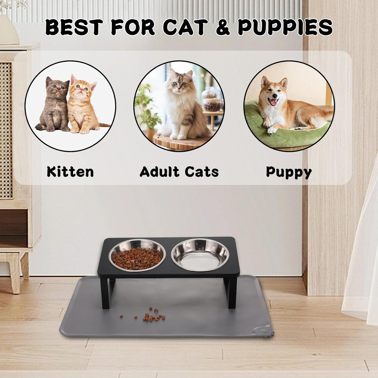 Upgraded Elevated Cat Bowls with Food Mat,15°Tilted Stand Anti Vomiting Raised Cat Dishes for Food and Water,2 Stainless Steel Bowls for Cats and Puppy（Black）