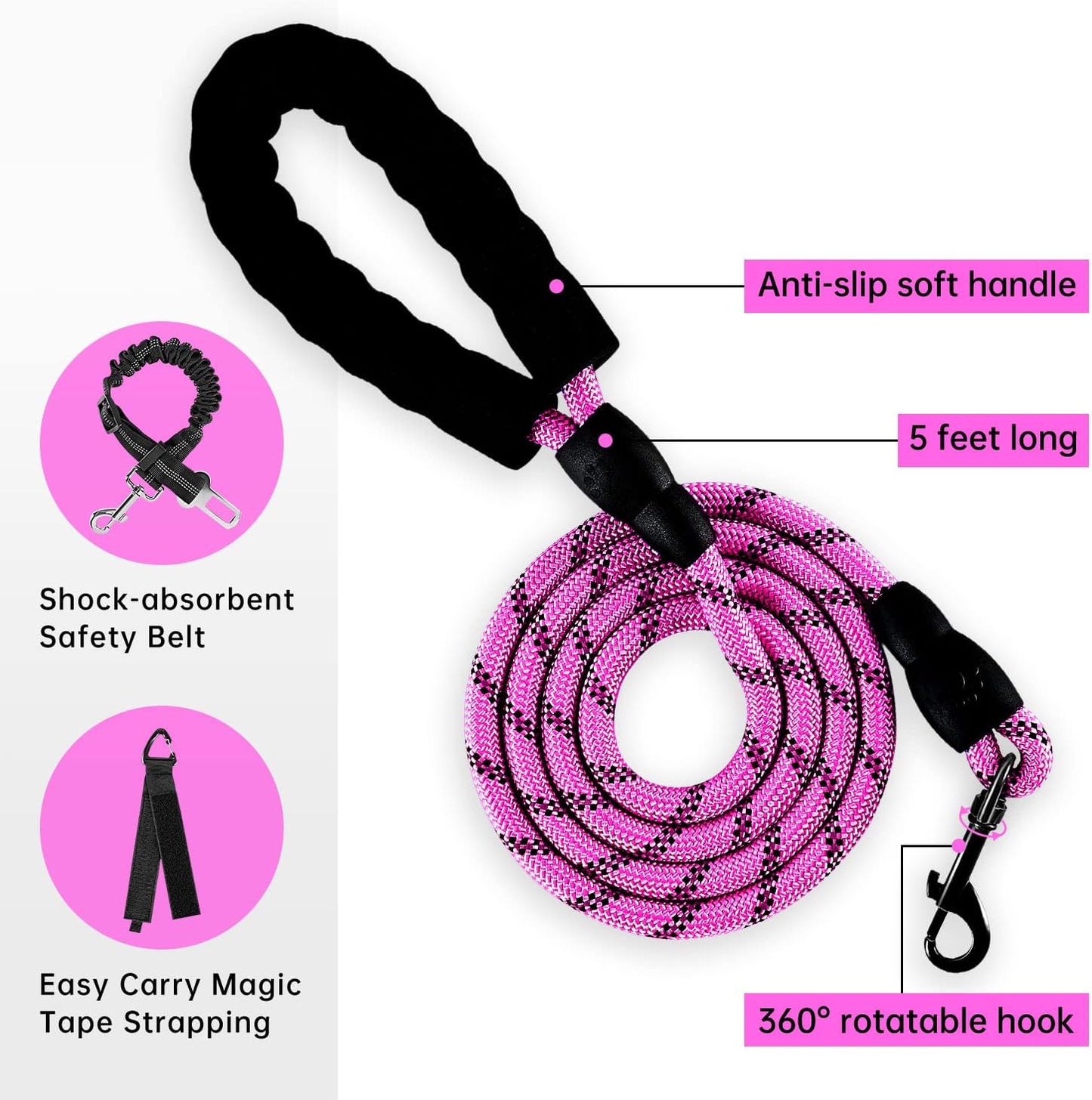 IVY&LANE No Pull Dog Harness for Large Dogs, Dog Vest Harness with Leash, Safety Belt and Storage Strap, Fully Adjustable Harness, 360° Reflective Strip, Soft Handle (Fuchsia Pink, L)