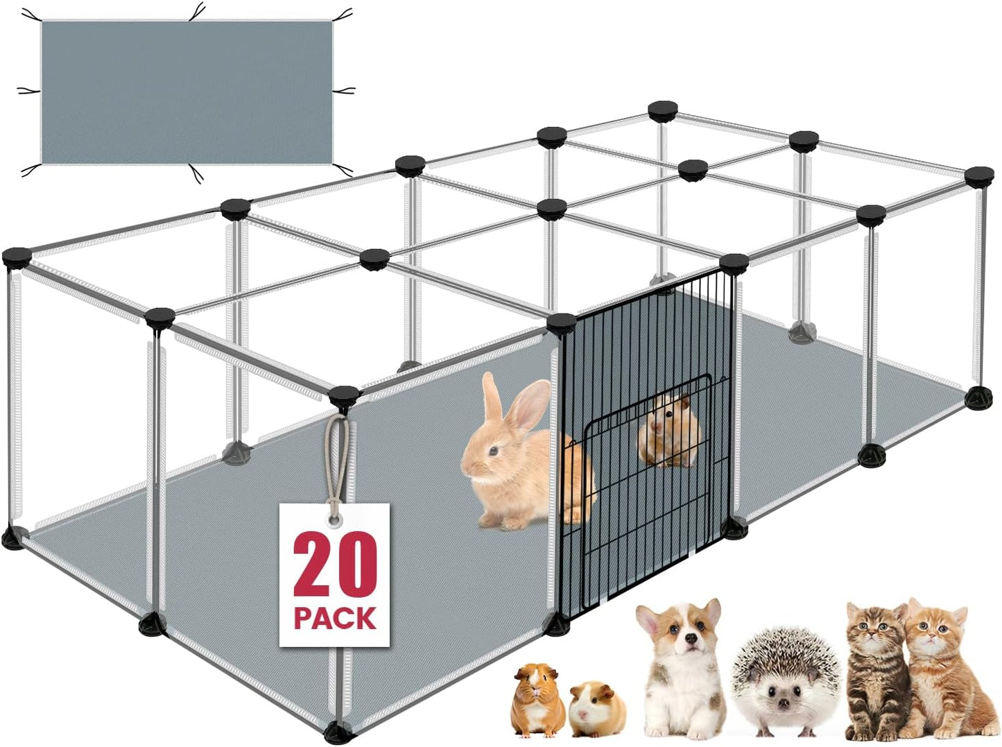 20 Panels Small Animals Playpen, 48" x 24" x 16" Transparent Pet Playpen with Waterproof Mat,Portable Plastic Enclosure Cage for Chicken/Guinea Pigs/Bunny/Ferrets/Hamsters/Hedgehogs Indoors Outdoor