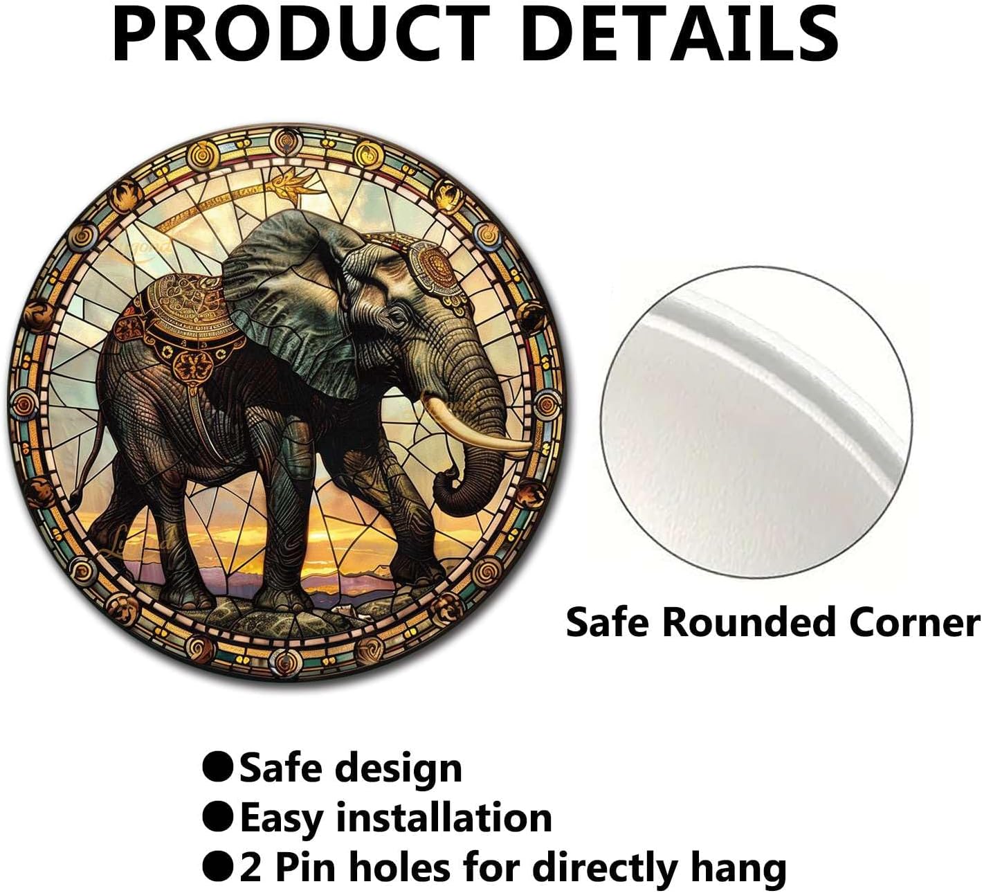 Lygond Metal Sign Tin Sign Circular Stained Glass Elephant Metal Sign for Club 12×12 Inches