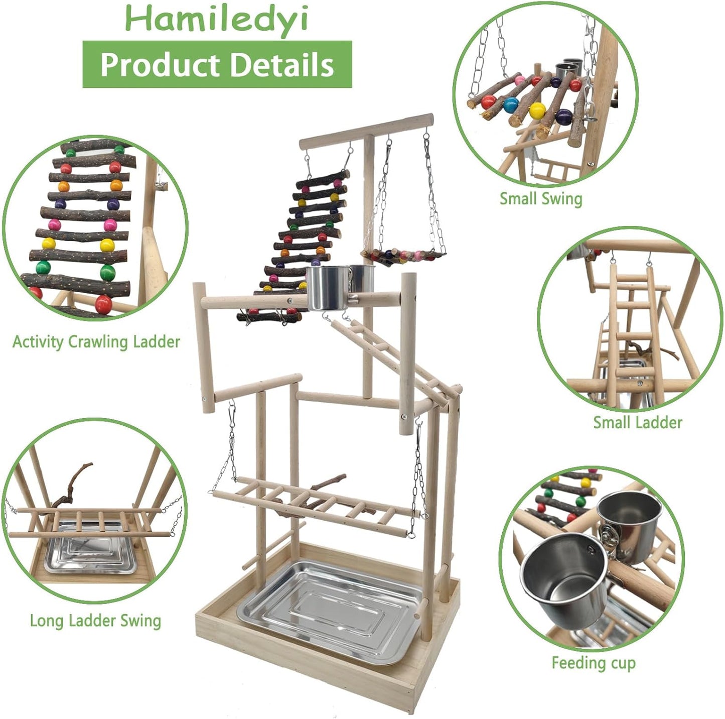 Hamiledyi 4 Layers Large Bird Playground 32" H Pet Parrot Playstand Gym Perch Wood Playpen for Parakeets Lovebirds Conure Cockatiel Cockatoos Finch Budgies or Other Small and Medium Sized Birds
