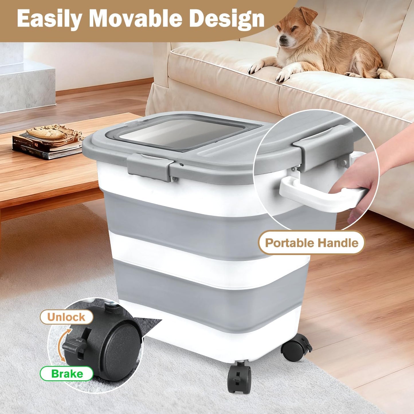 Rice Storage Container, Collapsible Airtight Food Storage Containers 20-30 Lbs, Rice Dispenser Bin with Cup and Scoop for Flour Cereal Pasta Grain, Cat Bird Pet Dog Food Storage Container