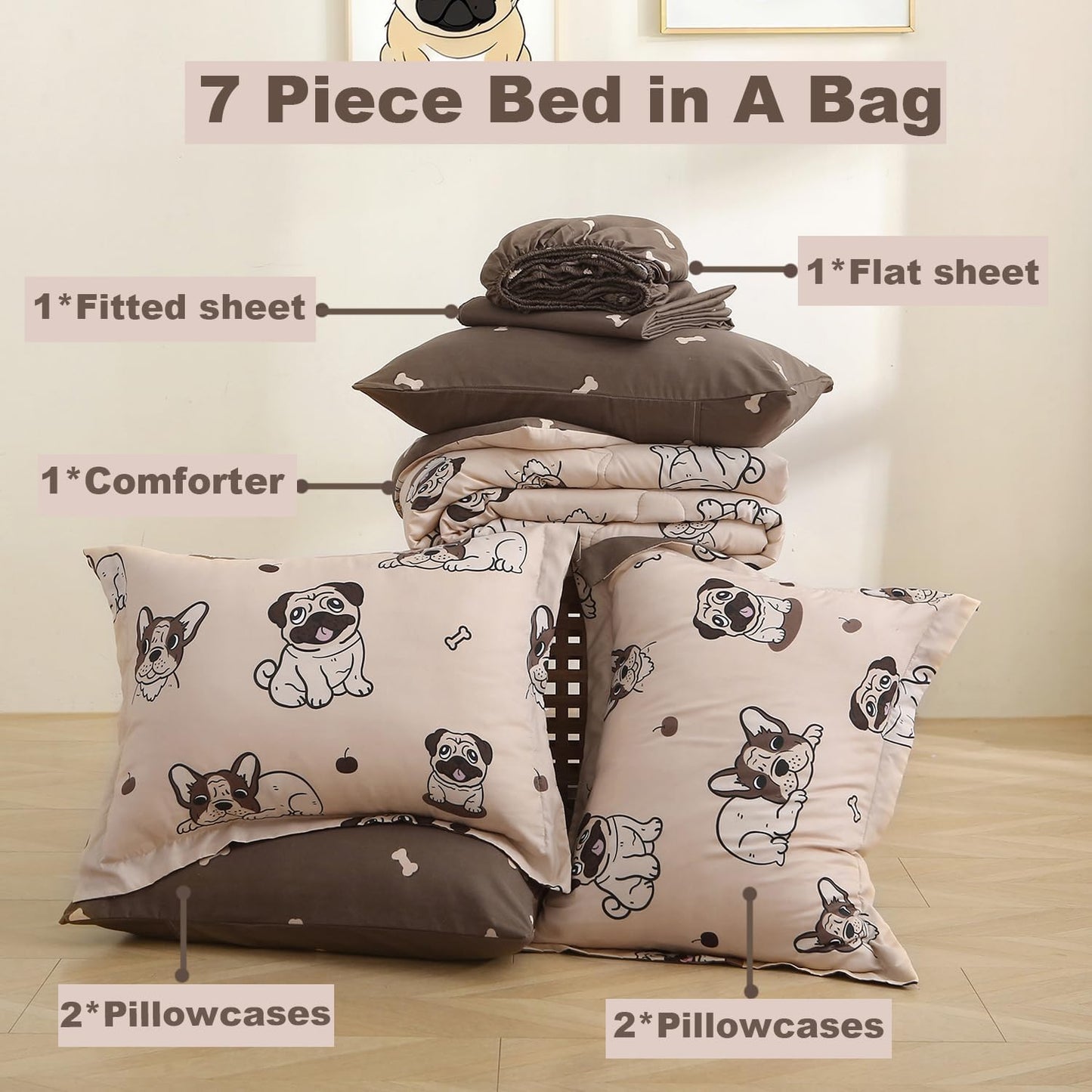 Kids Comforter Set 7 Piece Bedding Cute Dog Cartoon Animal Bed Microfiber Comforter Queen Size All Season (1 Comforter, 1 Flat Sheet, 1 Fitted Sheet, 4 Pillowcase)