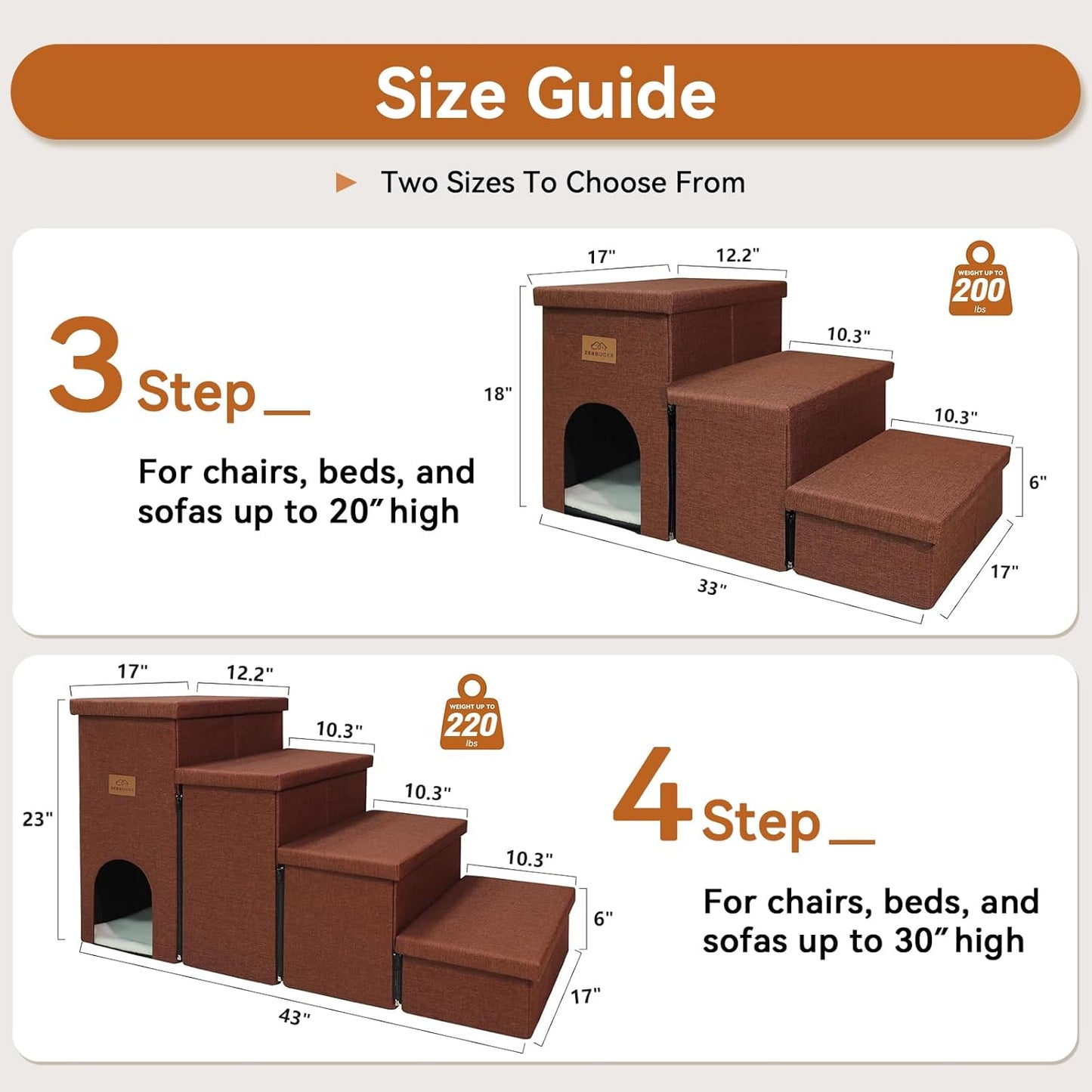 Dog Stairs with Condo 18" H, 3-Step Wider Dog Steps for High Beds Couch, Folding Storage Pet Stairs Gift for Small/Medium/Large Old Dogs Cats, Ramp for Climbing Car Up to 200 lbs, Brown