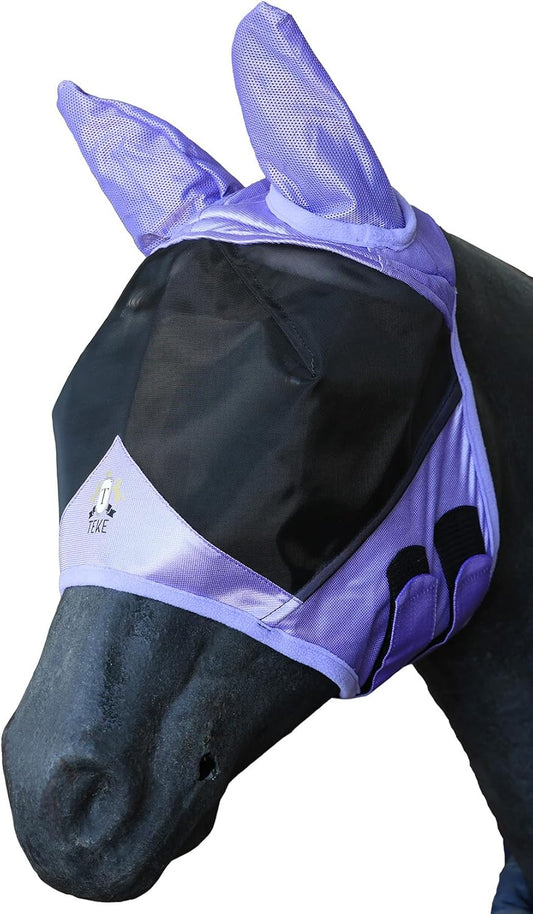 T TEKE Fine Mesh Horse Fly Mask w/Ears, UV Blocking 3D Eye Visor with Extra Fleece Cushioned Forehead, Protection from Insect Pests