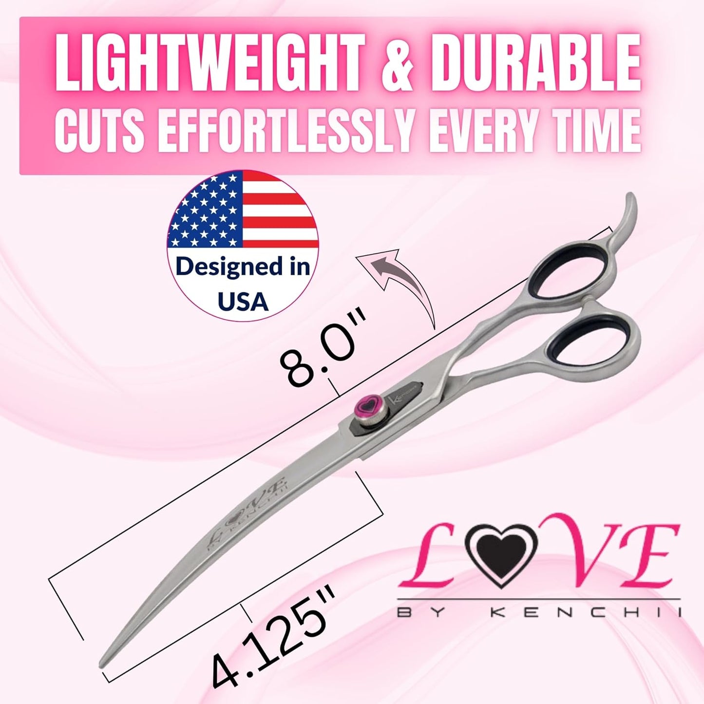 Kenchii Love Left Handed Dog Grooming Scissors, 8 Inch Curved Shears, Dog Scissors for Grooming, Professional Pet Grooming Scissors, Ergonomic & Comfortable