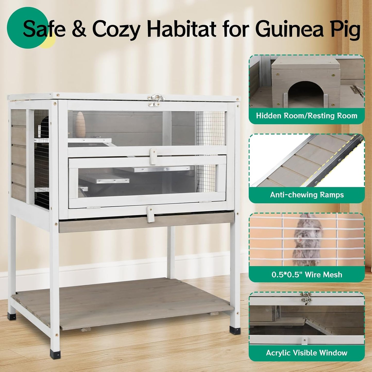 PetsCosset Guinea Pig Cages Hamster Cage Indoor with Stand Storage Wooden Outdoor Small Animals Habitat with Hideout House Pull Out Tray