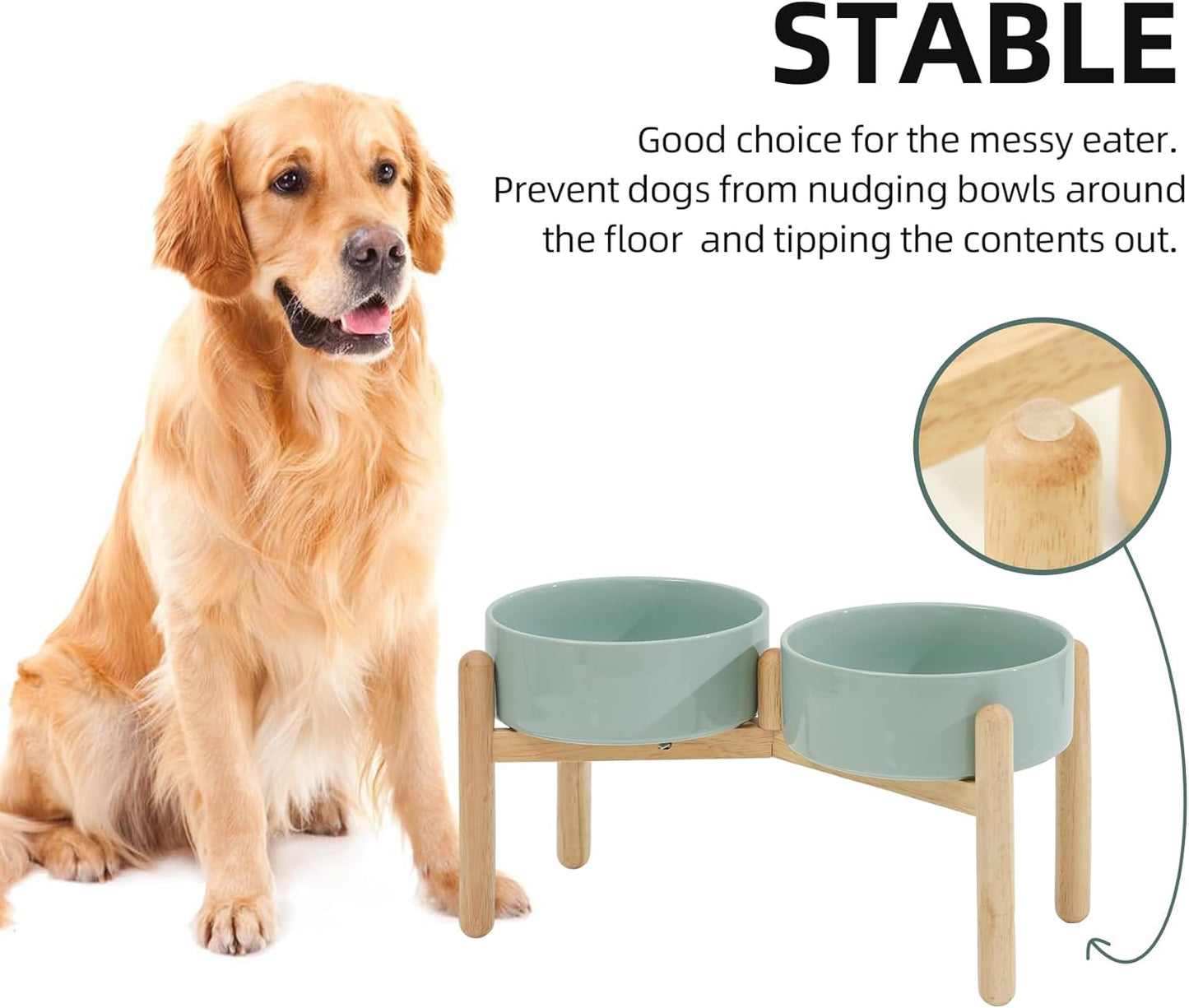 Ceramic 8.2inch Raised Dog Bowl with Stand for Large- Breed Dogs, Pet Food and Water Feeder (Double Bowl with Stand - Light Green)