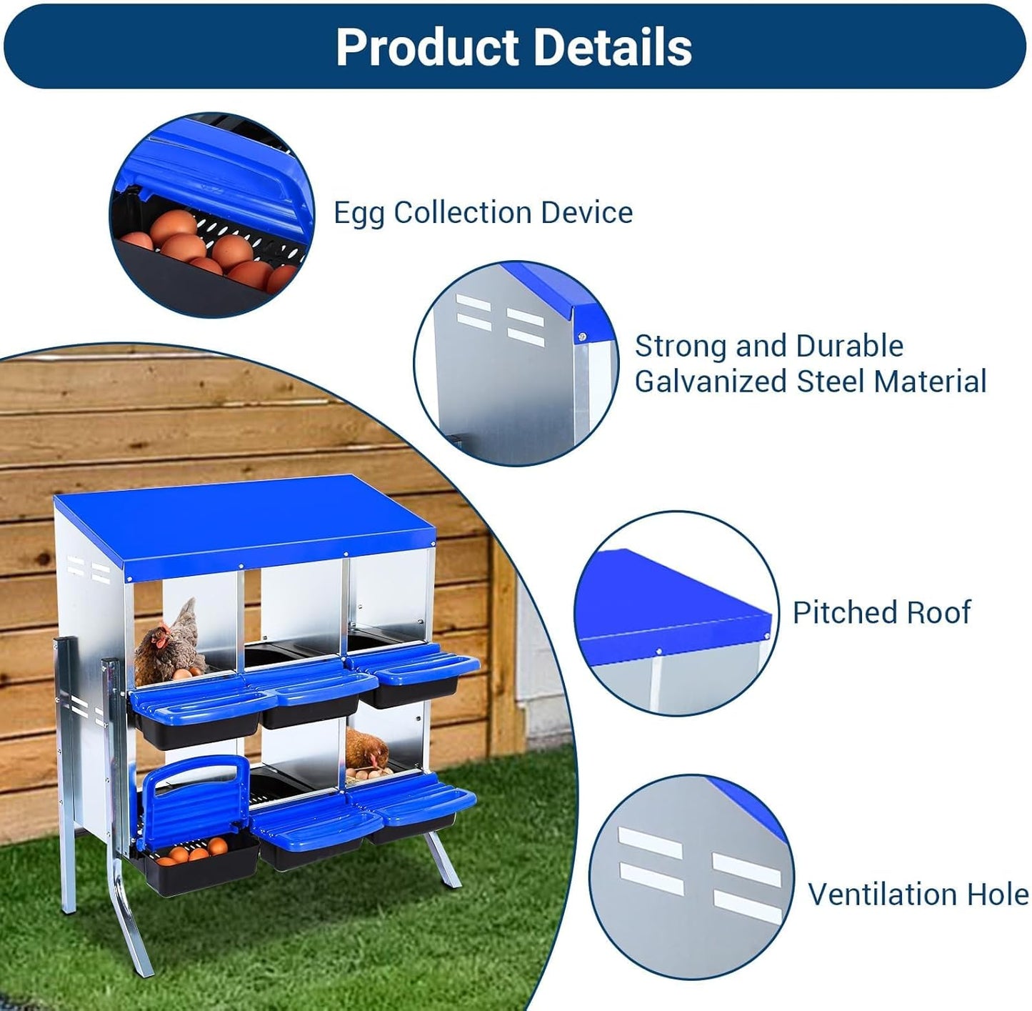 Chicken Nesting Boxes, 6 Hole Metal Chicken Laying Box with with Removable Trays and Roll Out Egg Collection for Chicken Coop, with Metal Bracket, Blue