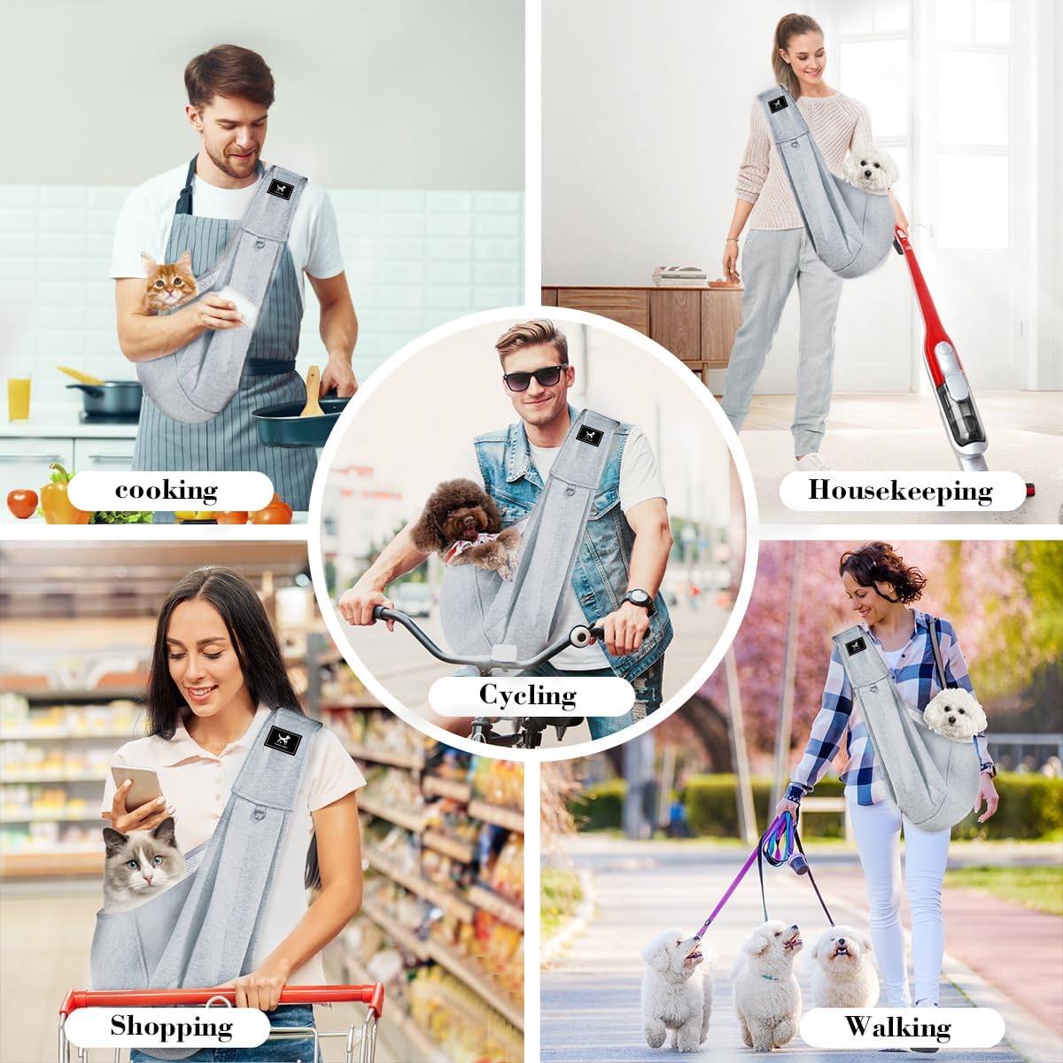 Dog & Cat Carrier Sling, Adjustable Soft Padded Shoulder Puppy Carrier, Hands-Free Dog Carrier Bag with Double Safety Buckles Premium Material for Outdoor Travel (Light Gray, M)