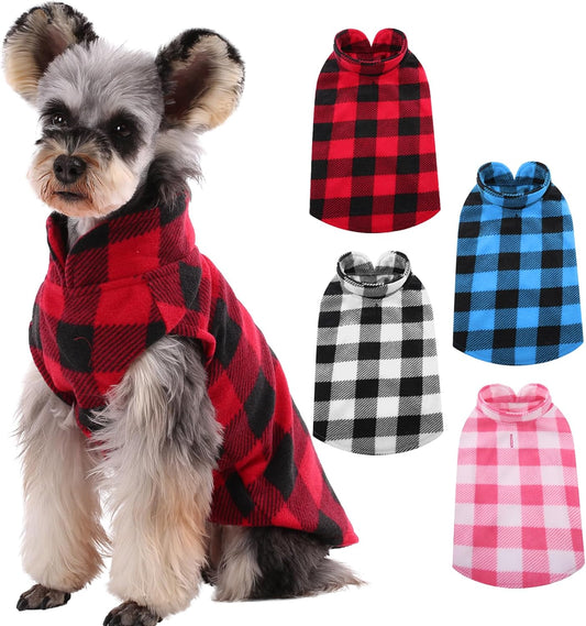 Kuoser 4 Pack Dog Fleece Vest,Warm Plaid Dog Sweater with Leash Hole,Soft Turtleneck Winter Pet Jacket Dogs Coat Pullover for Small Medium Dogs Cats,Spring Fall Cold Weather Christmas Outfit, XXS