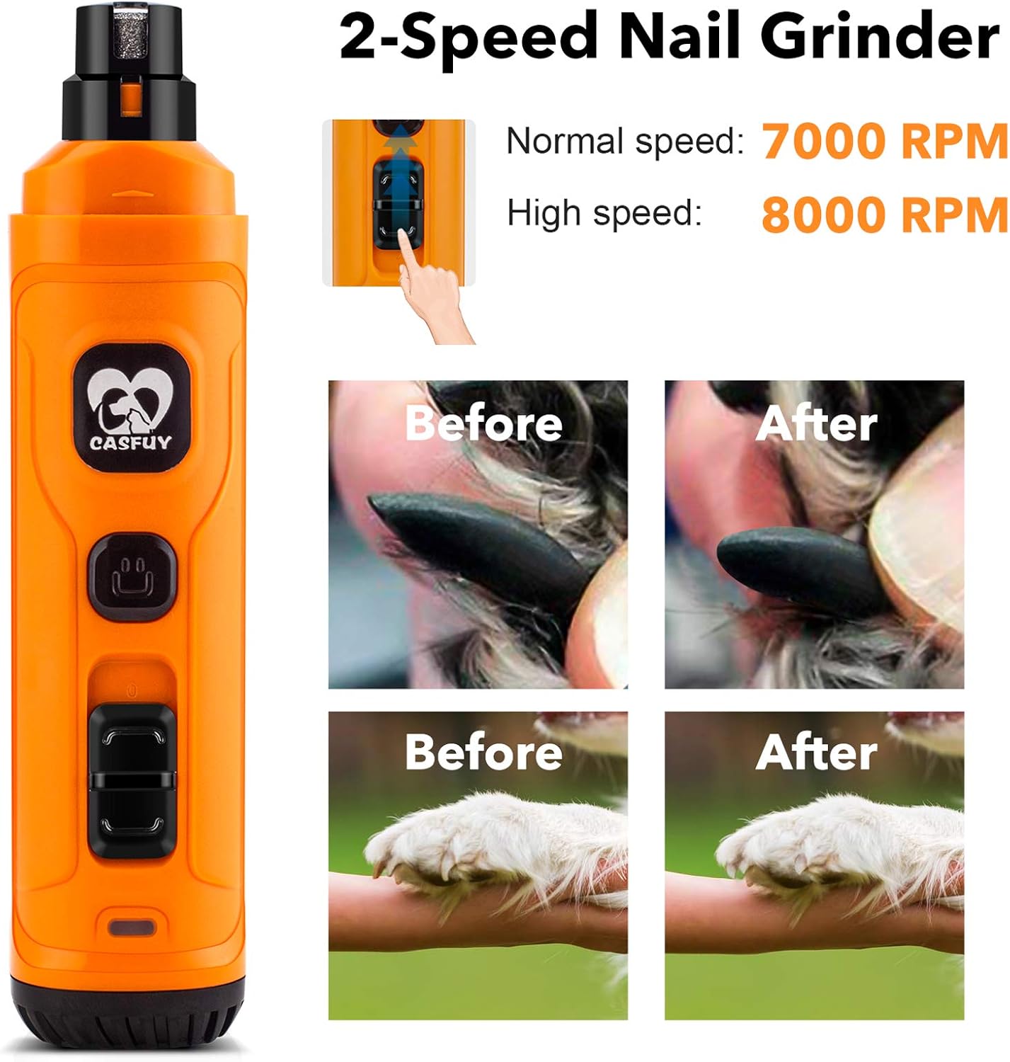 Casfuy Dog Nail Grinder with 2 LED Light - New Version 2-Speed Powerful Electric Pet Nail Trimmer Professional Quiet Painless Paws Grooming & Smoothing for Small Medium Large Dogs and Cats (Orange)