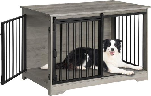 39.4" Heavy Duty Dog Crate Furniture with Barn Door, Wood Indoor Dog Crate Kennel for Small/Medium/Large Dogs, End Side Table, TV Stand, Greige Black DFC02305B