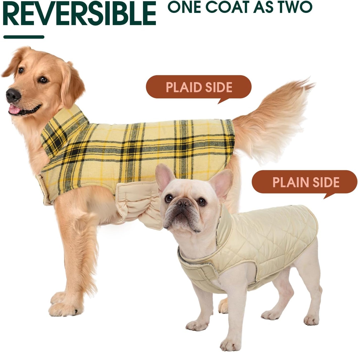 Kuoser Warm Dog Coat, Waterproof Dog Jacket for Extra Large Dogs, Adjustable Durable XXL Doggie Winter Coat Reversible Puppy Cold Weather Apparel from Small to Large Breed, Yellow XXL