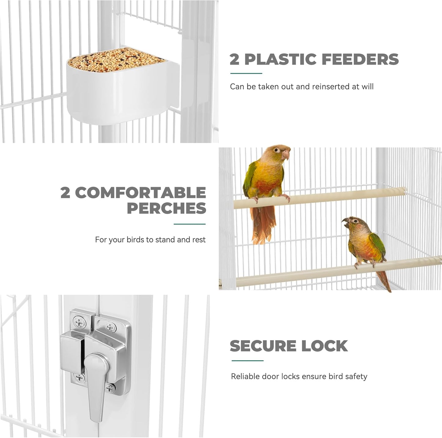 YITAHOME 41 inches Metal Bird Cage for Parakeets: Large Parrot Cages with Tray, Food Boxes, and Wooden Perches with Rolling Stand & Brakes for Lovebirds Cockatiels Pigeon Finches, White