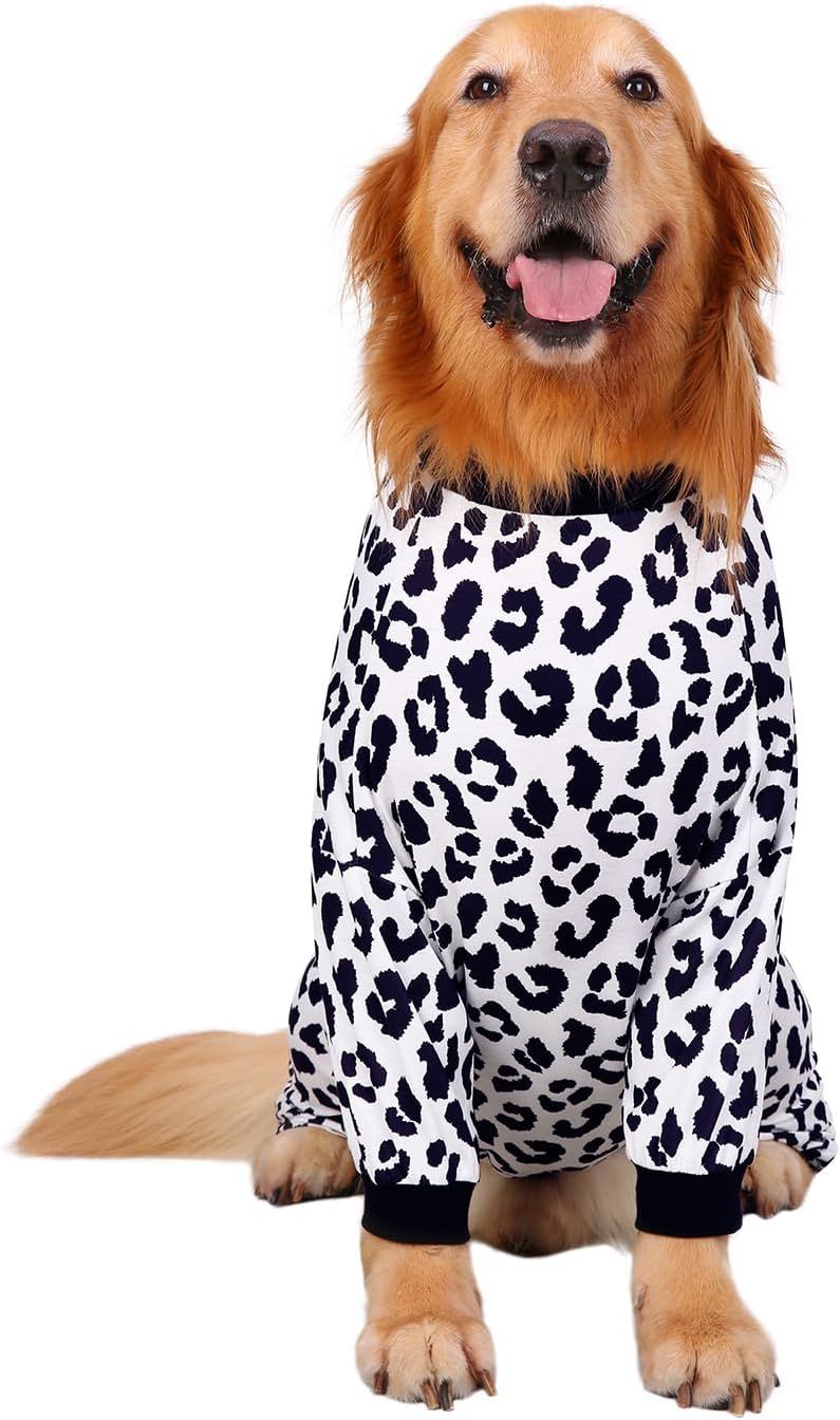 HDE Dog Pajamas One Piece Jammies Jumpsuit Pet Clothes Outfit Stretchy Lightweight Comfy Shirt Pjs for M-3XL Dogs Snow Leopard - M