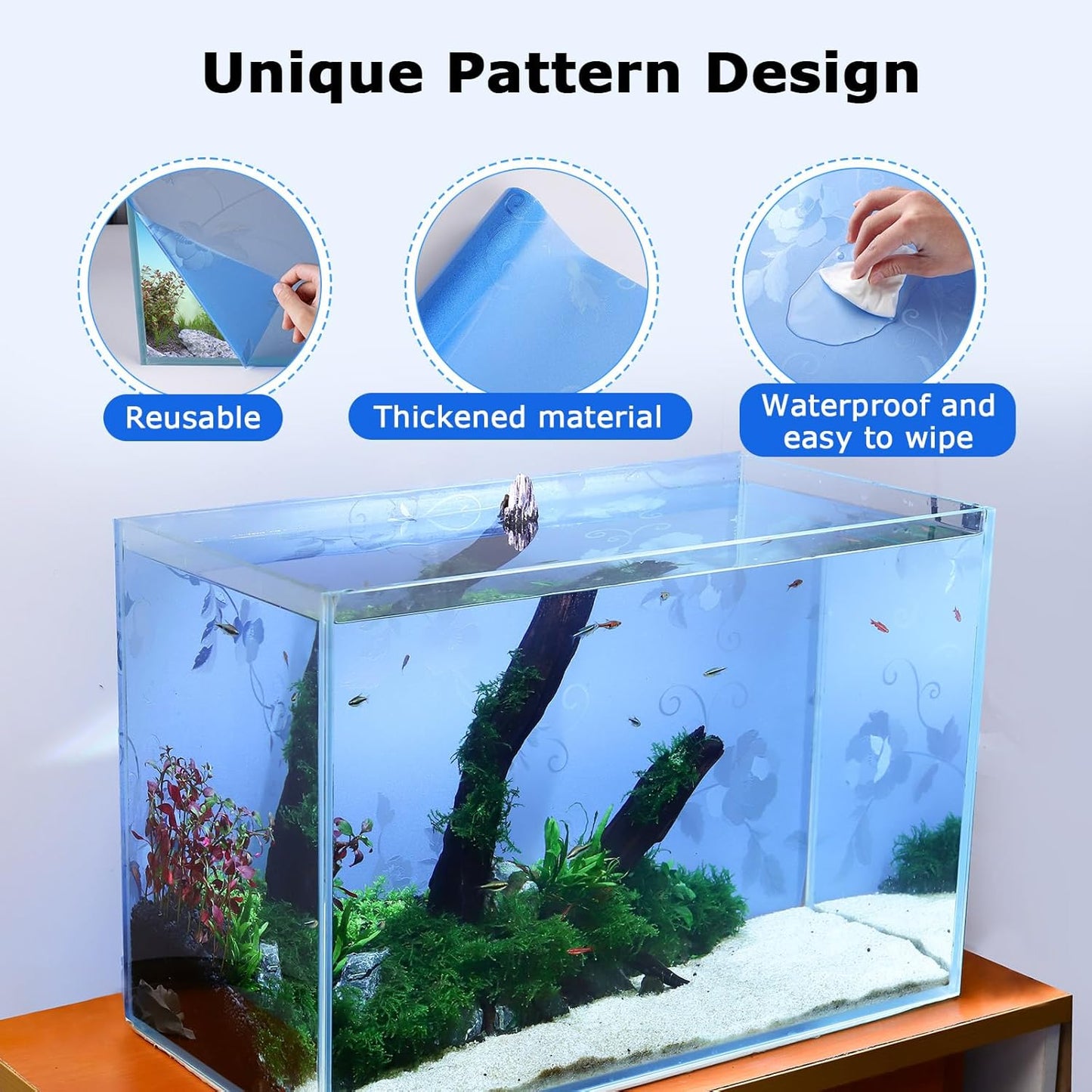 Aquarium Background Paper, Blue Fish Tank Backdrop Wallpaper Electrostatic Adhesive, No Glue, Easy to Install, Reusable (11.8" H × 27.5" L, Translucent)