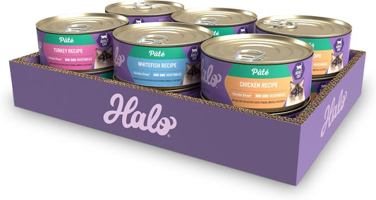 Halo Wet Cat Food Variety Pack, Three Canned Wet Cat Pate, Chicken, Turkey & Whitefish, 5.5 Oz Can (Pack of 12)