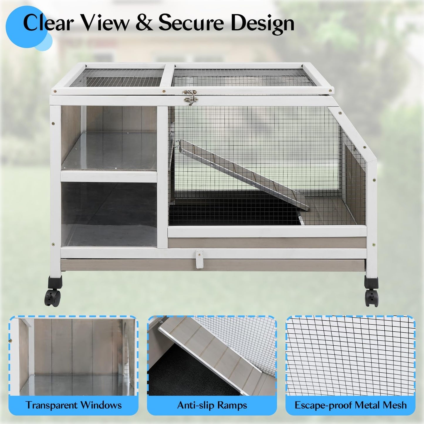 36''L Rabbit Hutch Outdoor with Casters and Run, Wooden Indoor 2 Story Guinea Pig Cage with Divider Panel, Pull Out Tray, Rabbit Duck Bunny House for Small to Medium Animals and Pet Lover, Gray